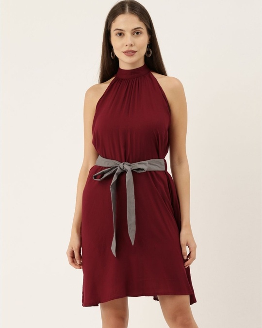 Shop Women Maroon Solid Woven Fit And Flare Dress-Front