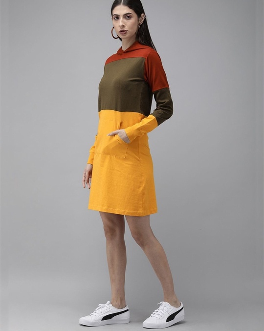 Shop Women Mustard And Rust Colourblocked Knitted T Shirt Dress