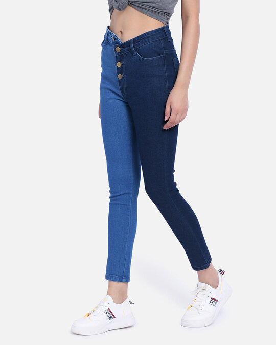 Shop Women's Navy Blue And Blue Medium Wash 4 Pocket High Rise Jeans-Back