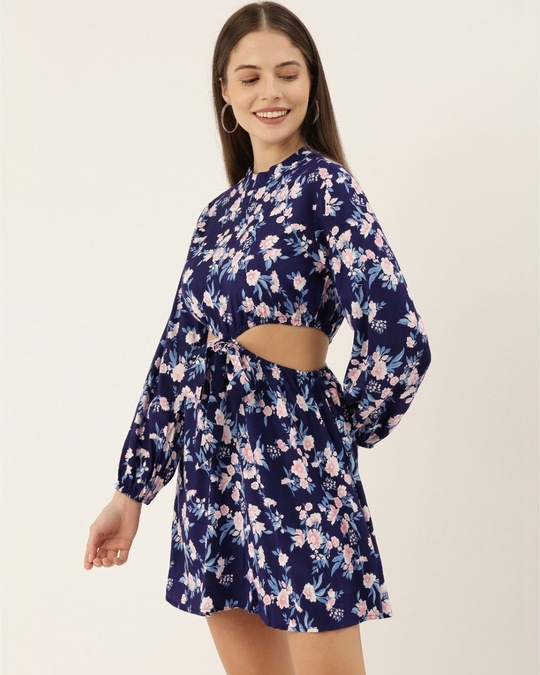 Shop Women Navy Blue And Peach Coloured Printed Woven Fit And Flare Dress-Design