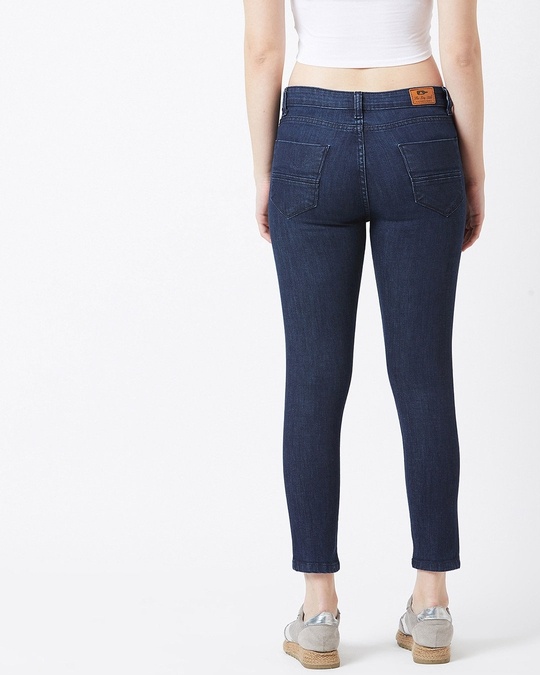 Shop Women's Navy Blue Medium Wash 5 Pocket Mid Rise Jeans-Design