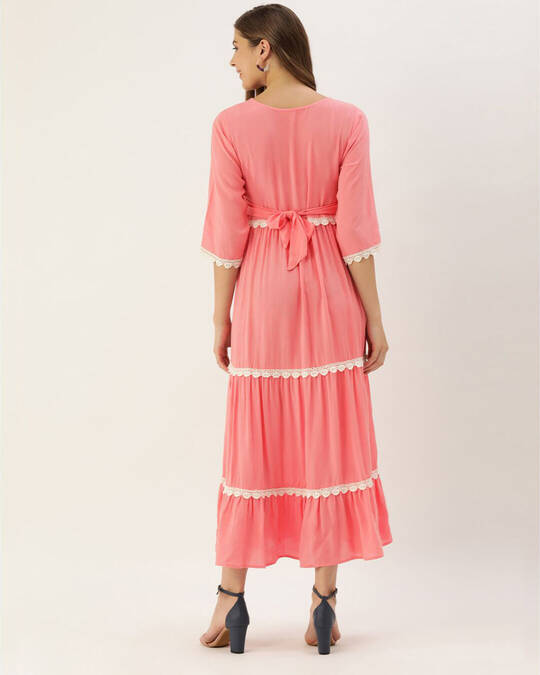 Shop Women Peach Coloured And White Solid Woven Tiered Maxi Dress-Design