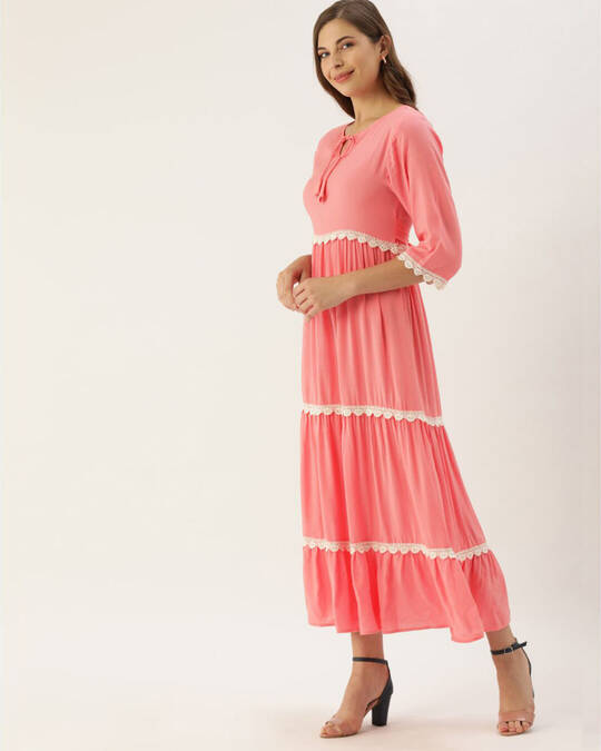 Shop Women Peach Coloured And White Solid Woven Tiered Maxi Dress-Full