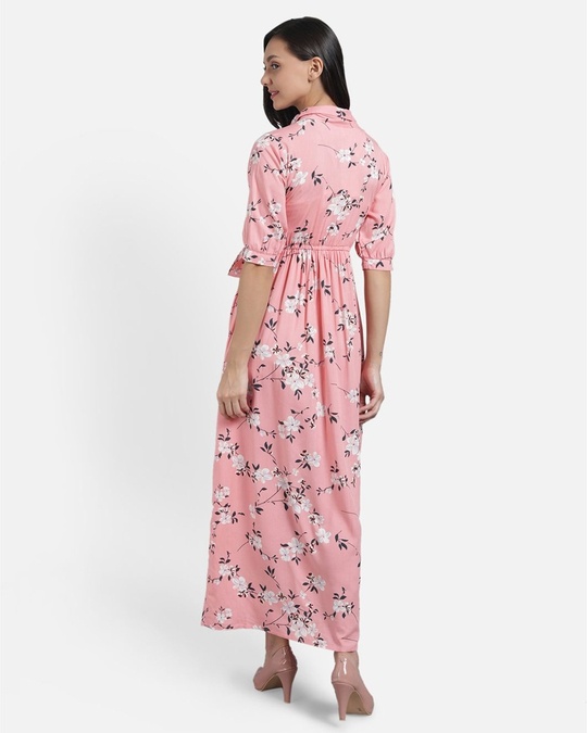 Shop Women Pink And Off White Printed Woven Maxi Dress-Back