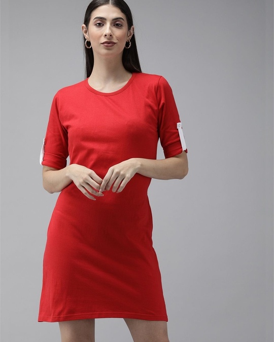 Shop Women Red Solid Knitted T Shirt Dress-Front