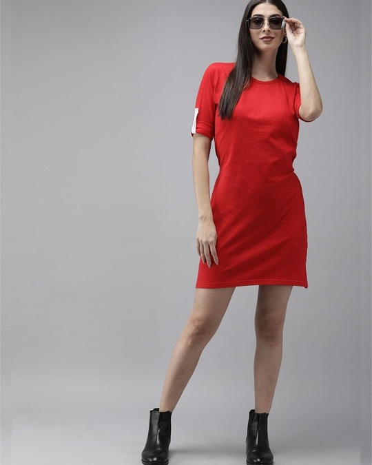 Shop Women Red Solid Knitted T Shirt Dress