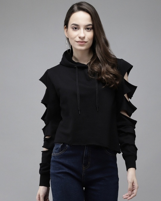 Shop Black Cropped Hoodie with Distressed Sleeve-Front