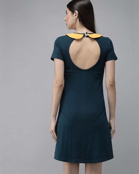 Shop Women Teal Solid Knitted A Line Dress-Back