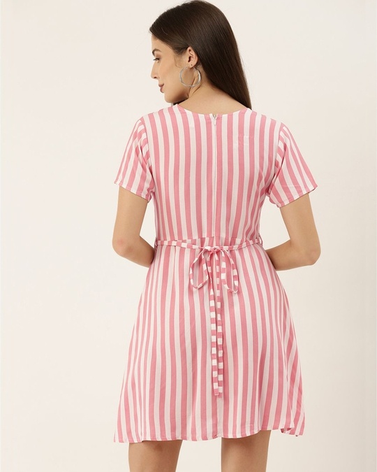 Shop Women White And Peach Coloured Striped Woven A Line Dress-Back