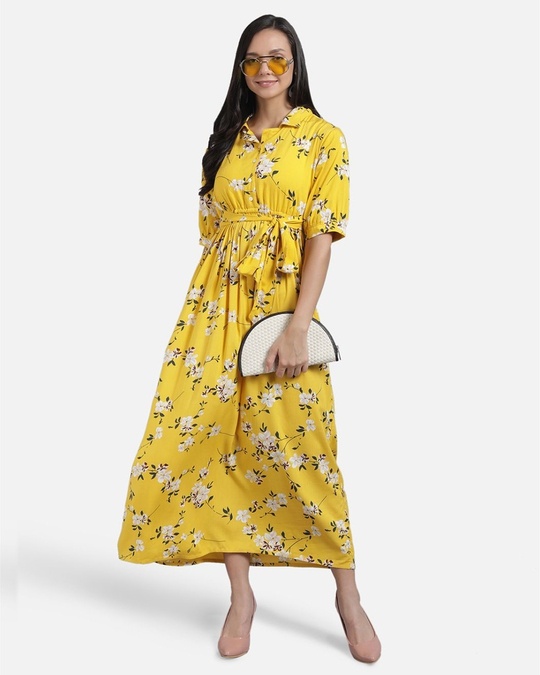 Shop Women Yellow And Off White Printed Woven Maxi Dress-Front