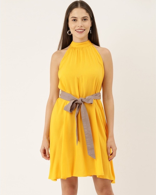 Shop Women Yellow Solid Woven Fit And Flare Dress-Front