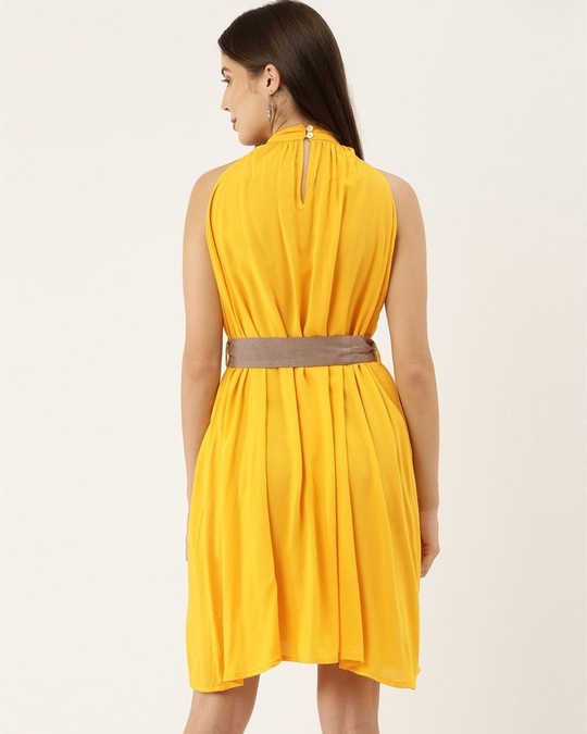 Shop Women Yellow Solid Woven Fit And Flare Dress-Back