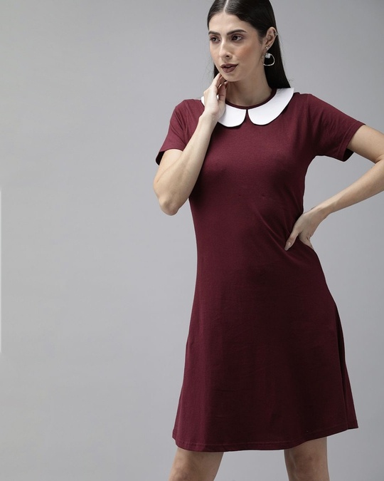 Shop Womenmaroon And White Solid Knitted A Line Dress-Front