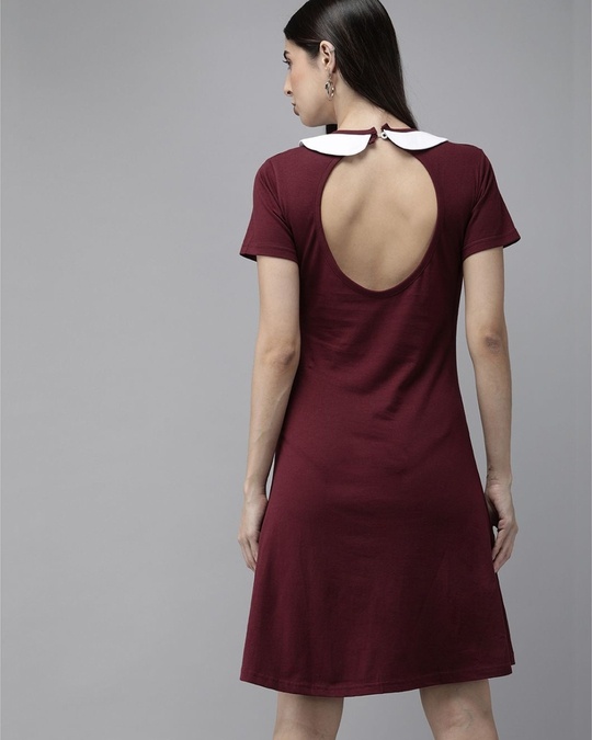 Shop Womenmaroon And White Solid Knitted A Line Dress-Back