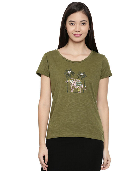 Shop The Pink Elephant Embridered Olive Women's T-shirt-Front
