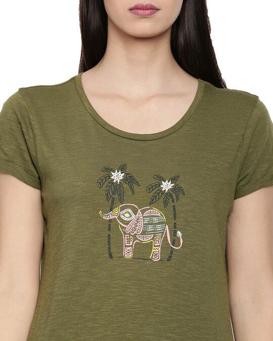 Shop The Pink Elephant Embridered Olive Women's T-shirt