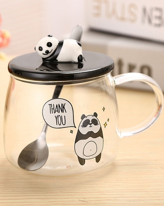 Shop Transparent Happy Panda Combo Glass Mug With Lid And Spoon(450 Ml, glass White, Single Piece)-Design