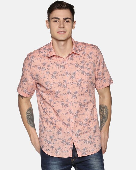 Shop Men Short Sleeve Cotton Printed Palm Tree Pink Peach Shirt-Front
