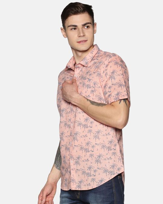 Shop Men Short Sleeve Cotton Printed Palm Tree Pink Peach Shirt-Back
