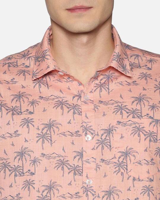 Shop Men Short Sleeve Cotton Printed Palm Tree Pink Peach Shirt