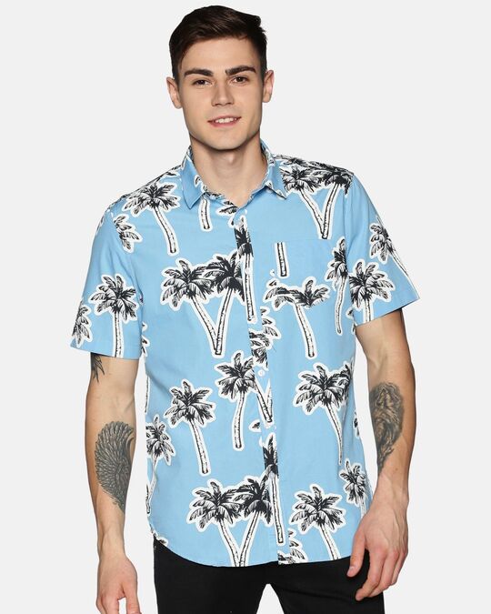 Shop Men Short Sleeve Cotton Printed Palm Tree Sky Blue Shirt-Front