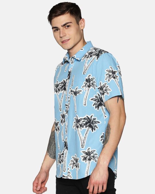 Shop Men Short Sleeve Cotton Printed Palm Tree Sky Blue Shirt-Back