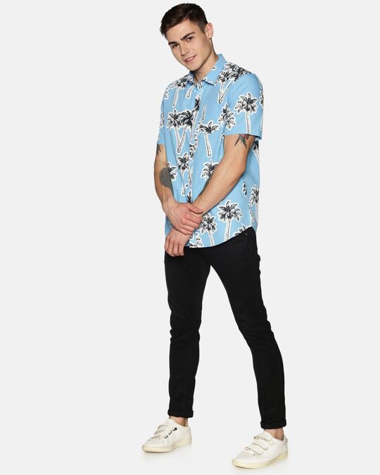 Shop Men Short Sleeve Cotton Printed Palm Tree Sky Blue Shirt-Full