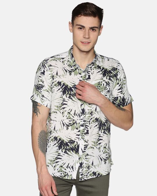 Shop Men Short Sleeve Rayon Printed Leafy Green Shirt-Front