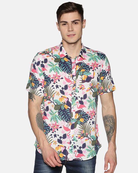 Shop Men Short Sleeve Rayon Printed Off White Multicolor Flamingo Floral Shirt-Front