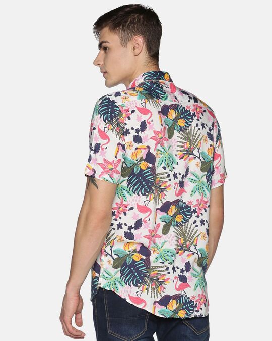 Shop Men Short Sleeve Rayon Printed Off White Multicolor Flamingo Floral Shirt-Design