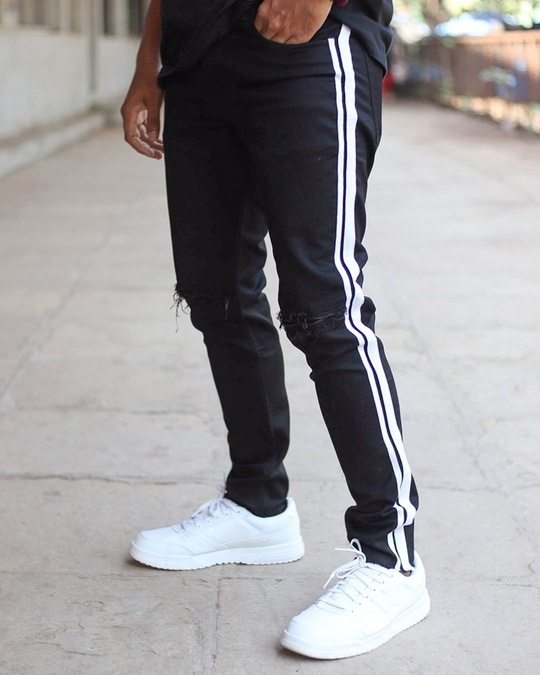 Shop Black Side Stripe With Knee Zip Denim Jeans