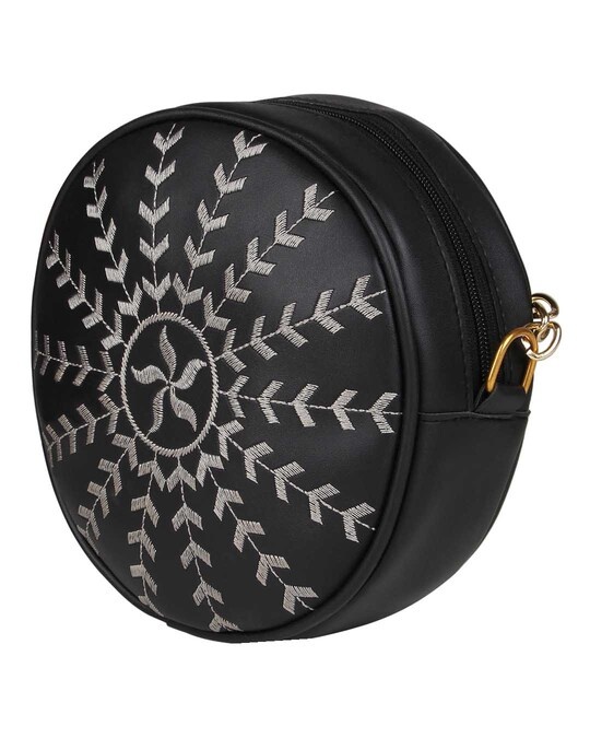 vivinkaa faux leather embroidery handle coffee round sling bag