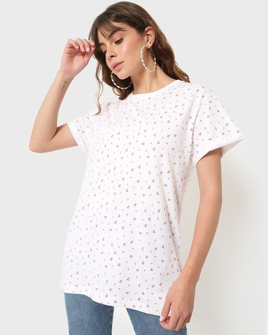 Shop White All Over Printed Boyfriend T-Shirt-Front