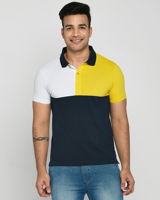 Shop White-Cyber Yellow-Dark Navy Half & Half Polo T-Shirt-Front
