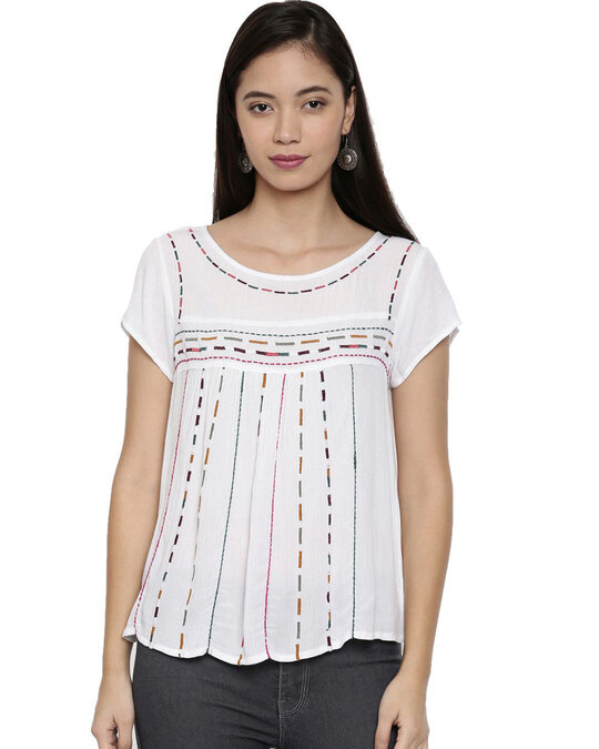 Shop Women's White Embroidered Empire Waist Top-Front
