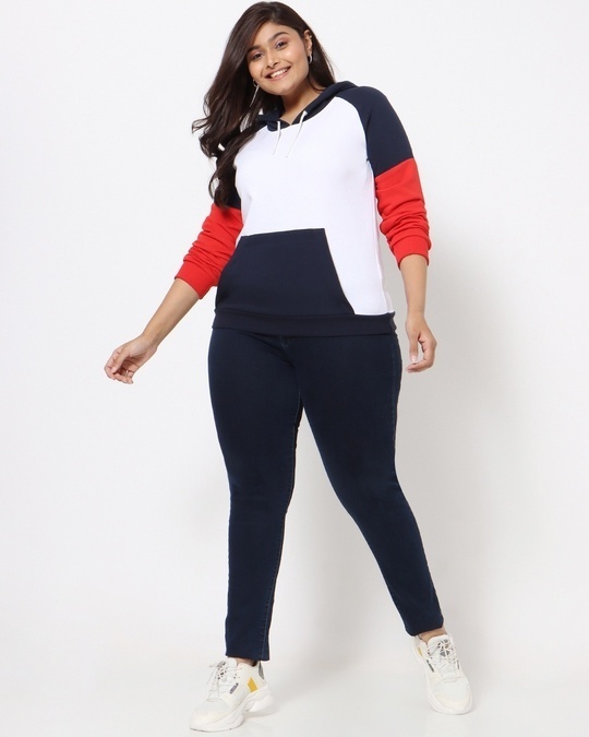 Shop White-Navy Blue-High Risk Red Plus Size Fashion Color Block Hoodie-Full