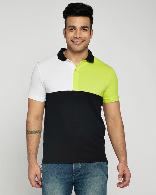 Shop White-Neon Lime-Black Half & Half Polo T-Shirt-Front