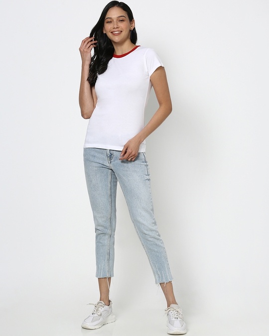 Shop Women's White Varsity Half Sleeve Round Neck T-Shirt-Full