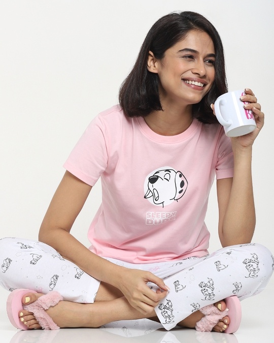 Shop Women's Pink Printed Lounge T-Shirt And Pyjama Set-Front