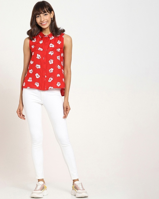 Shop Women's All Over Printed Sleeveless Casual Red Shirt