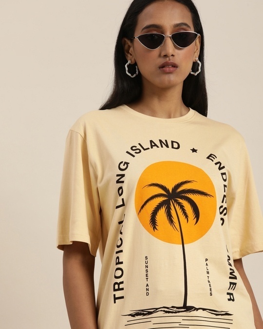 Shop Women's Beige Typographic Oversized T-Shirt-Front