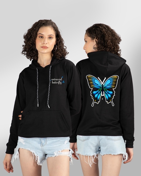 Buy Women s Black Anti Social Butterfly Graphic Printed Hoodie Online at Bewakoof