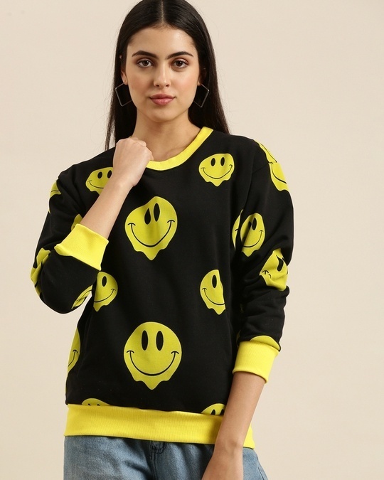 Shop Women's Black Smiley Printed Oversized Sweatshirt-Front