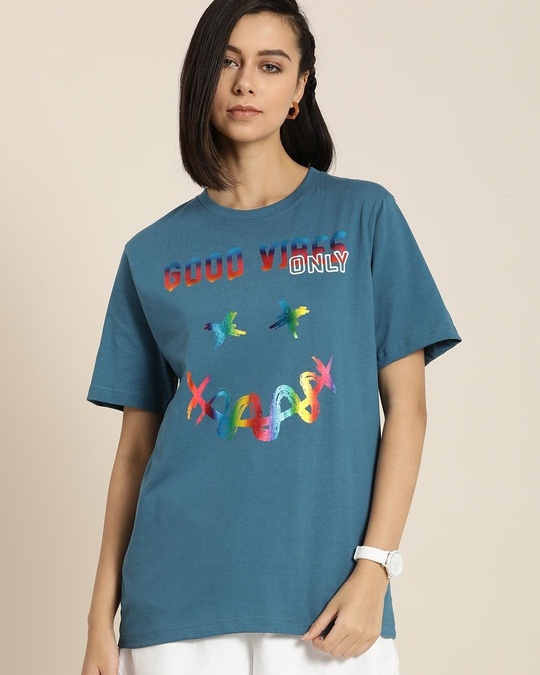Buy Women's Blue Graphic Printed Oversized T-shirt Online at Bewakoof