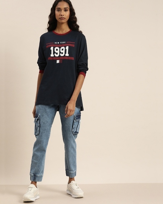 Shop Women's Blue Typography Oversized T-shirt