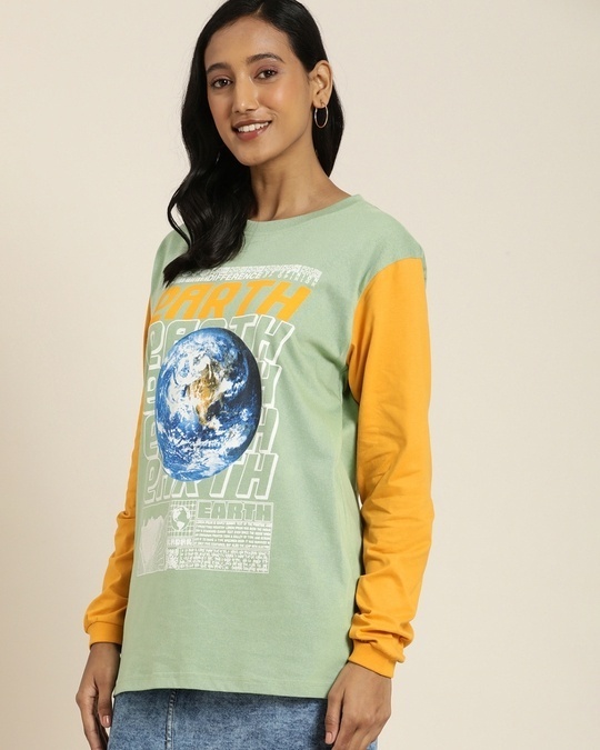 Shop Women's Green Earth Color Block Oversized Cotton T-shirt-Back