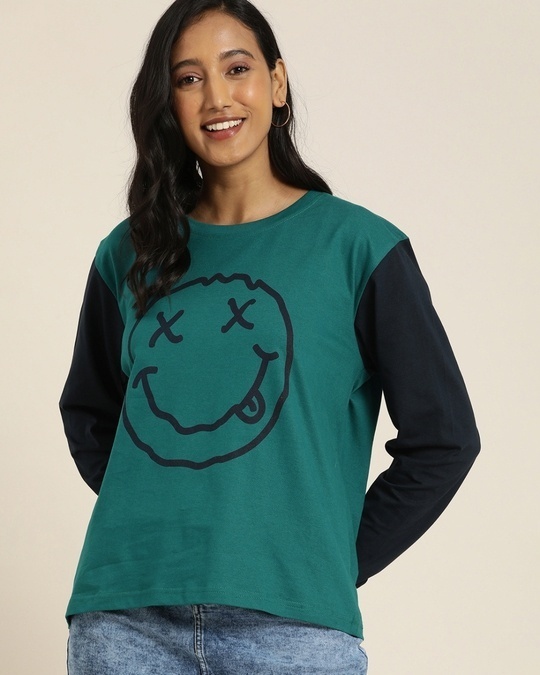 Shop Women's Green Smiley Color Block Oversized Cotton T-shirt-Front