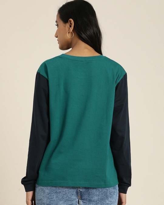 Shop Women's Green Smiley Color Block Oversized Cotton T-shirt-Back