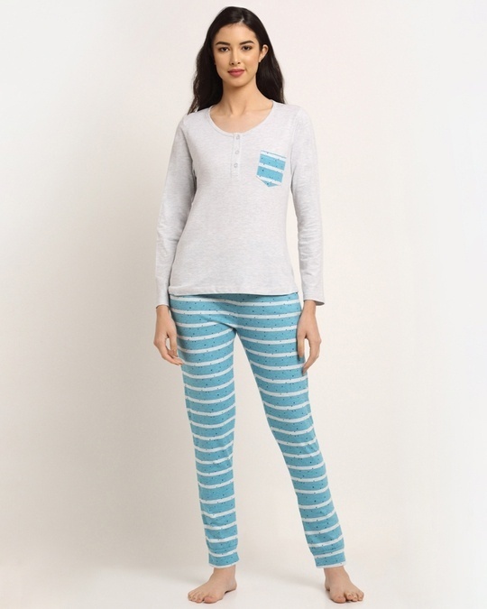 Shop Women's Grey & Blue Striped Cotton Nightsuit-Front