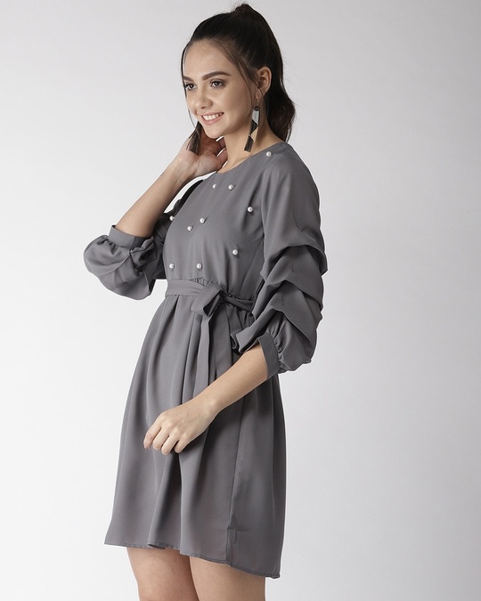 Shop Women's Grey Solid A Line Dress-Back
